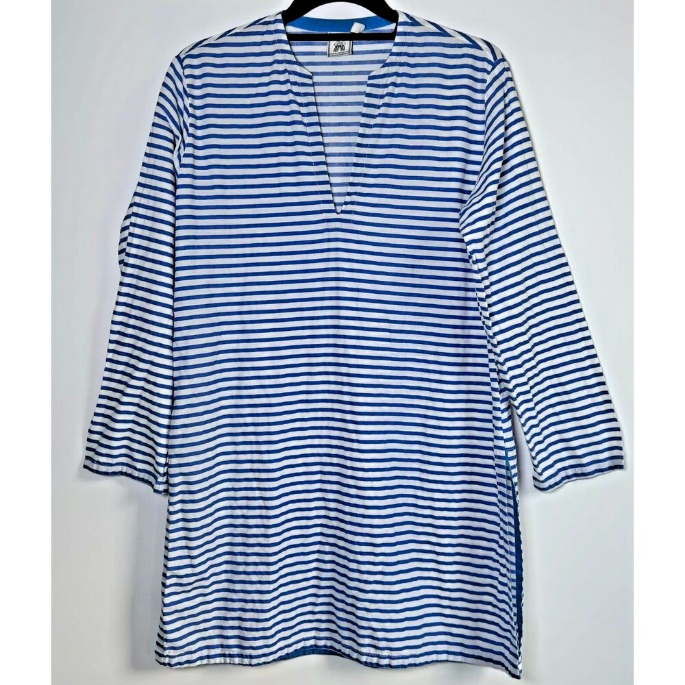 Toss Designs‎ Womens Medium Tunic Top Blue White Stripe Split Neck 3/4 Sleeve